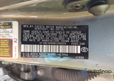 2011 Toyota Avalon Limited from USA, damaged, VIN 4T1BK3DB8BU396055